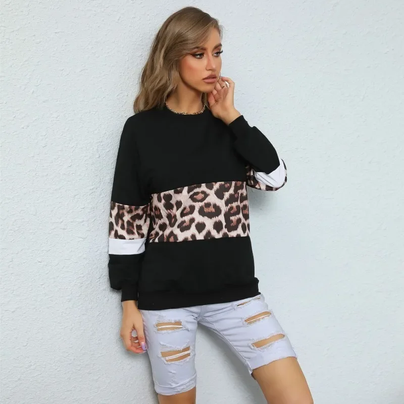 A Casual Long Sleeve T-shirt Women Leopard Color Block Sweatshirt O- Neck Pullover Tops Factory Outlet Vintage Harajuku Blouse