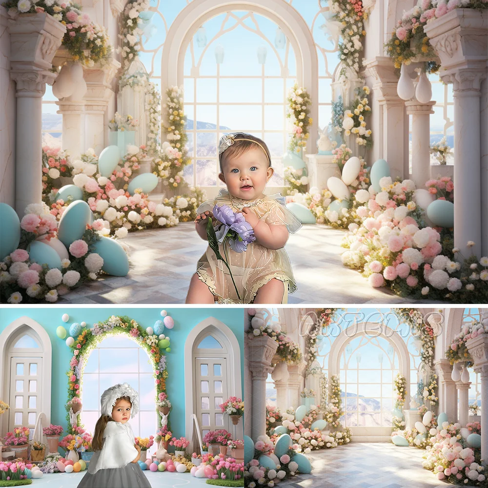 

Spring Photography Backdrop Easter Theme Vibrant Bunny Light Teal White Baby Shower Birthday Portrait Background Photo Studio