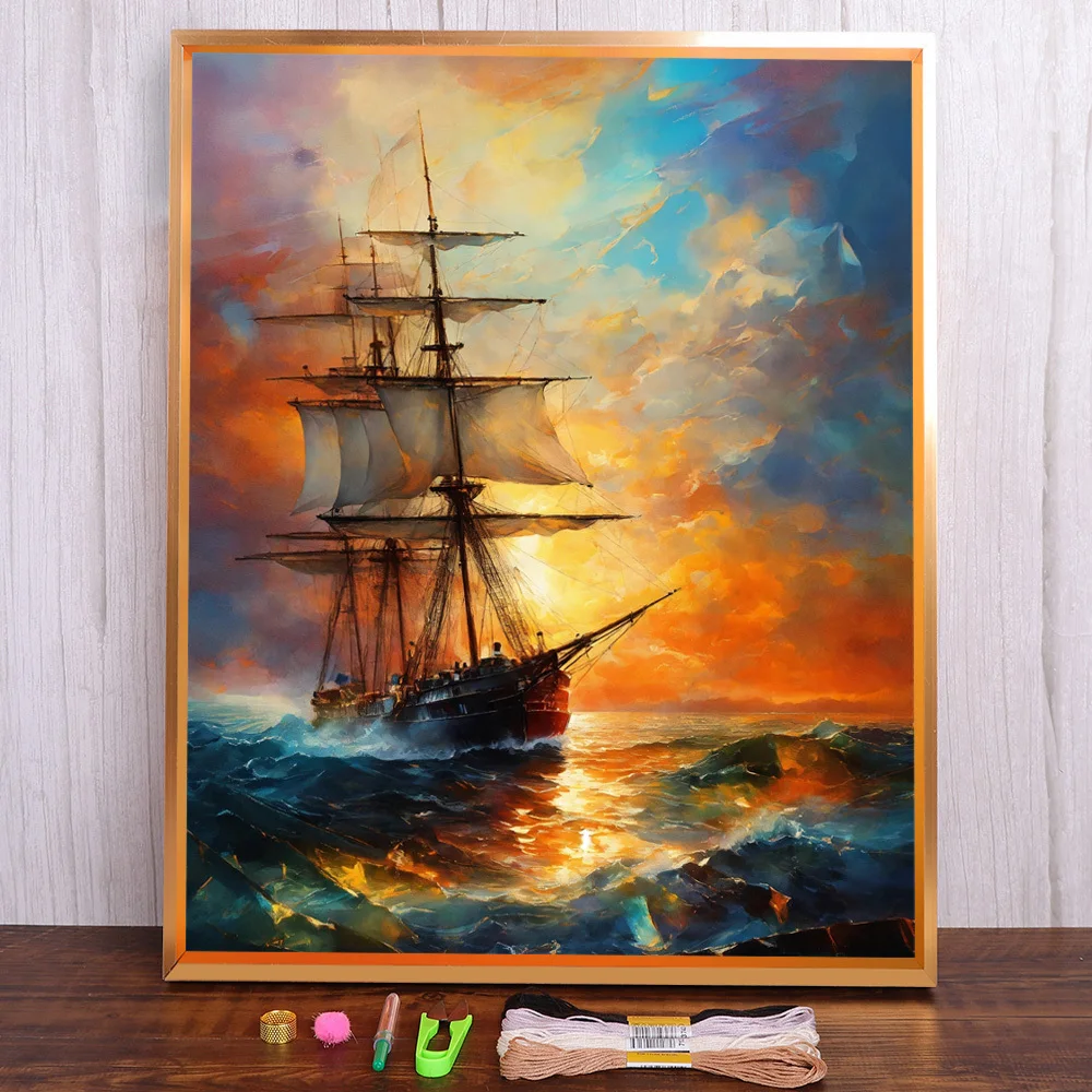 Scenery Sailboat Printed Fabric Cross Stitch Embroidery Patterns Knitting Handicraft Painting Needlework Magic Package Counted