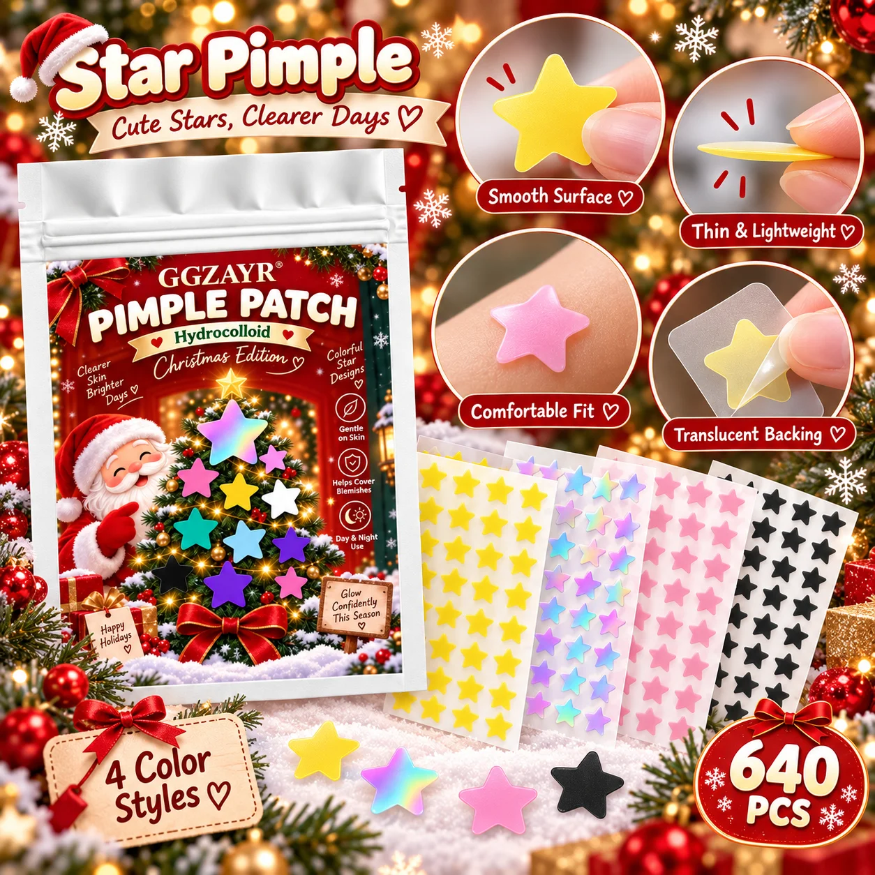 160/640PCS Colorful Star Pimple Patches, Hydrocolloid Face Spot Stickers, Christmas Edition
