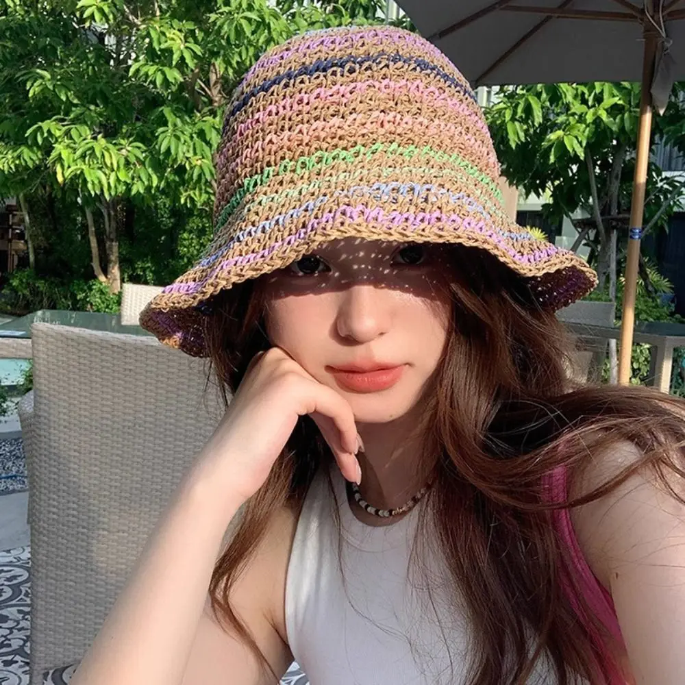 Fashion Summer Beach Straw Cap Handmade Striped Rainbow Sun hat Women's Wide Brimmed Bucket Hat Outdoor