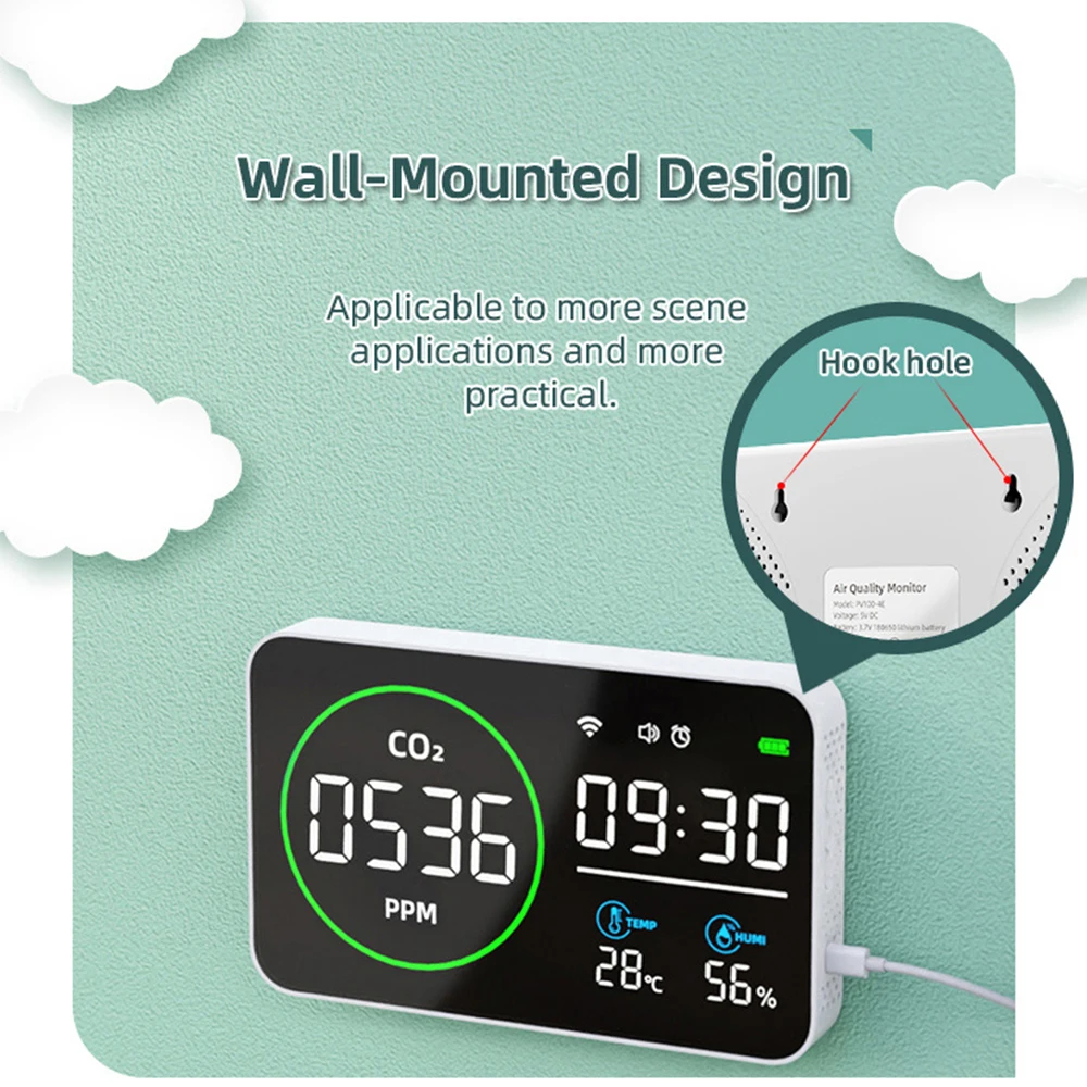 Smart WIFI 4 in 1 Air Quality Monitor Indoor IR CO2 Sensor Carbon Dioxide Detector Alarm Clock Temperature Humidity Tester