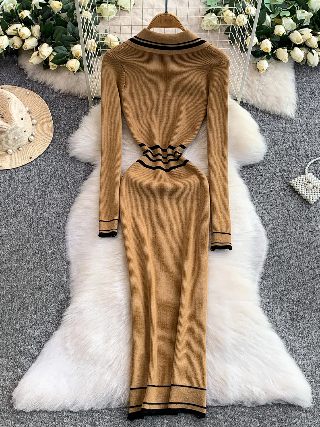 Coreano sle v-ne malha dr feminino outono inverno listrado cintura-concha camada base tubo reto saia faionable