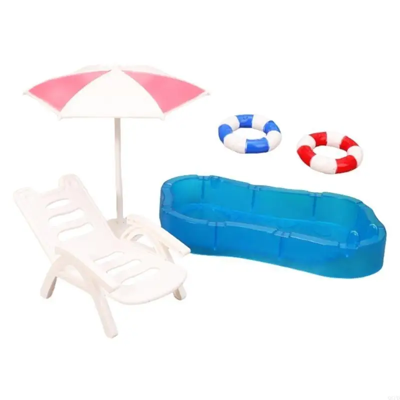 1/12 スケールのミニチュアビーチチェアと浮き輪セットは、クリエイティブなロールプレイングゲームのドールハウス、プールサイドのシーンディスプレイに最適です。