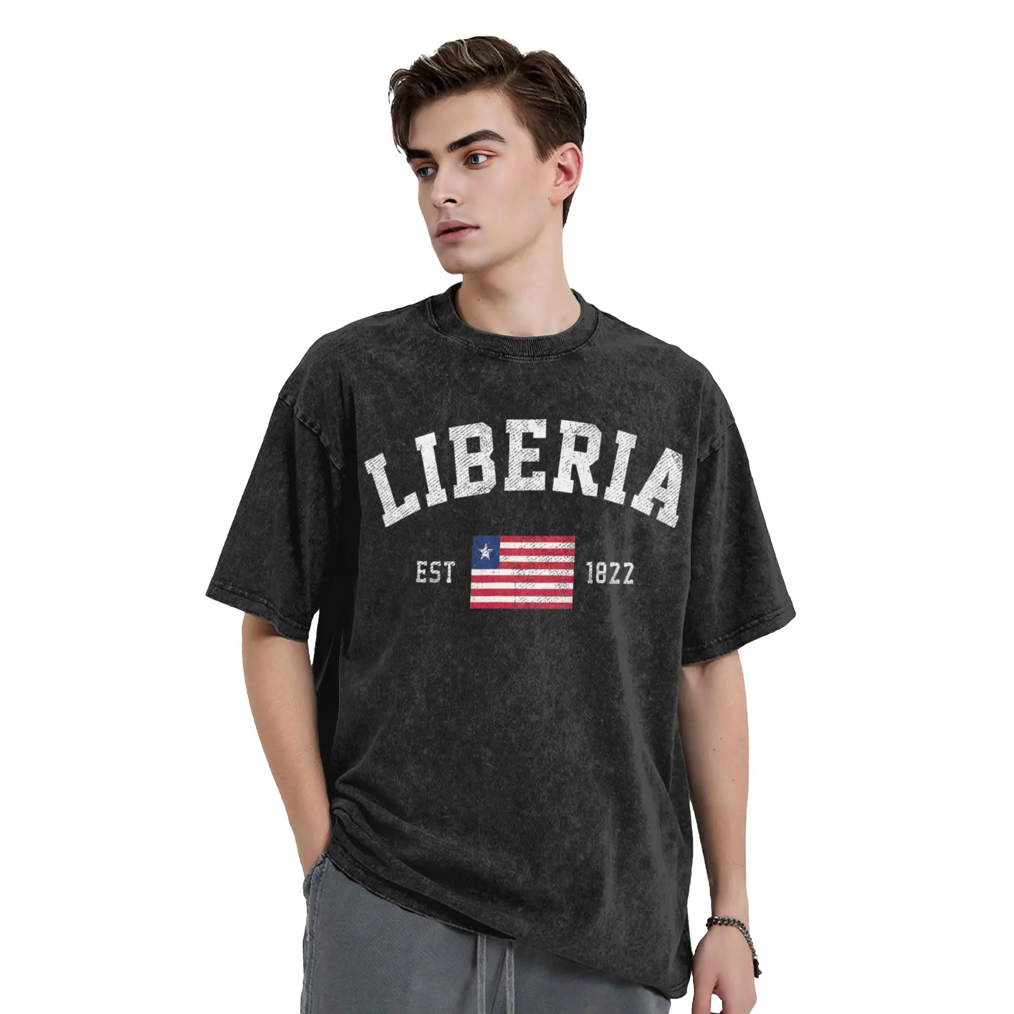 Liberia Est. 1822 Liberian Flag Independence Day Washed T Shirt Streetwear Vintage T-Shirt  Tees Tops Men Women Cotton Summer