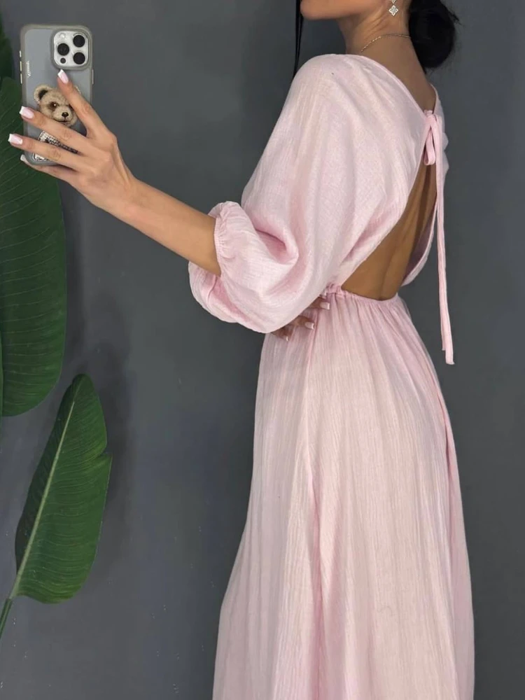 Doce relaxado cintura gravata cor sólida maxi vestido profundo decote em v puff manga curta aberto volta vestidos flowy em camadas longo vestido feminino