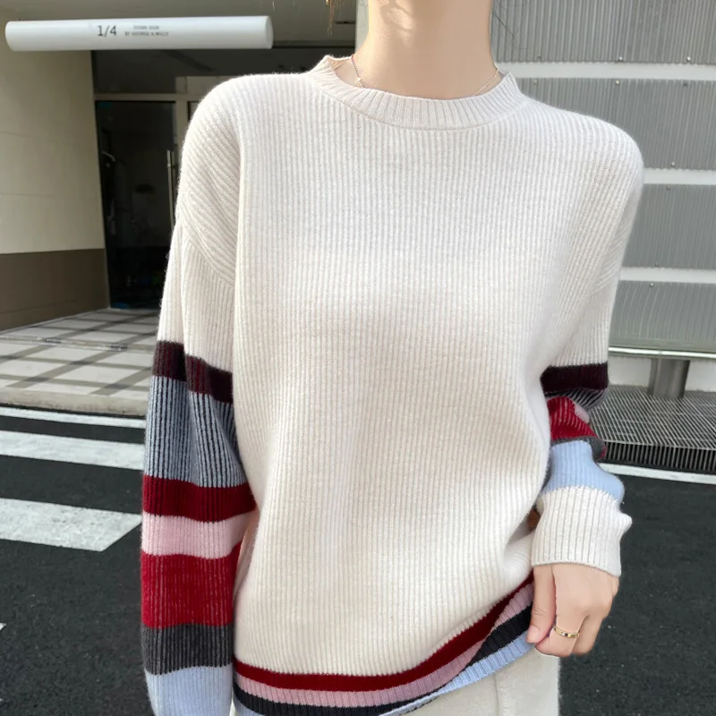 100% laine mérinos nouveau col rond tricoté pull pull cachemire manches longues minceur couleur-blocage doux vêtements de sport haut