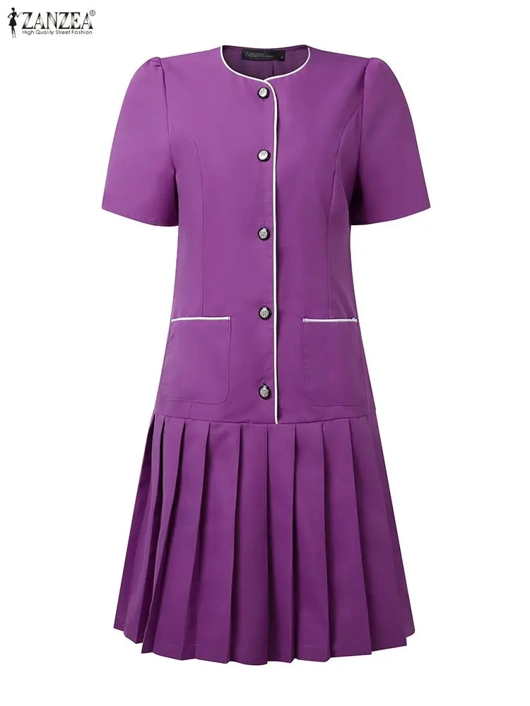

ZANZEA Womens Office Wear Pleated Dresses Summer 2025 Casual Contrast-Piping O-Neck Short Sleeve Elegant Chic Knee-Length Dress