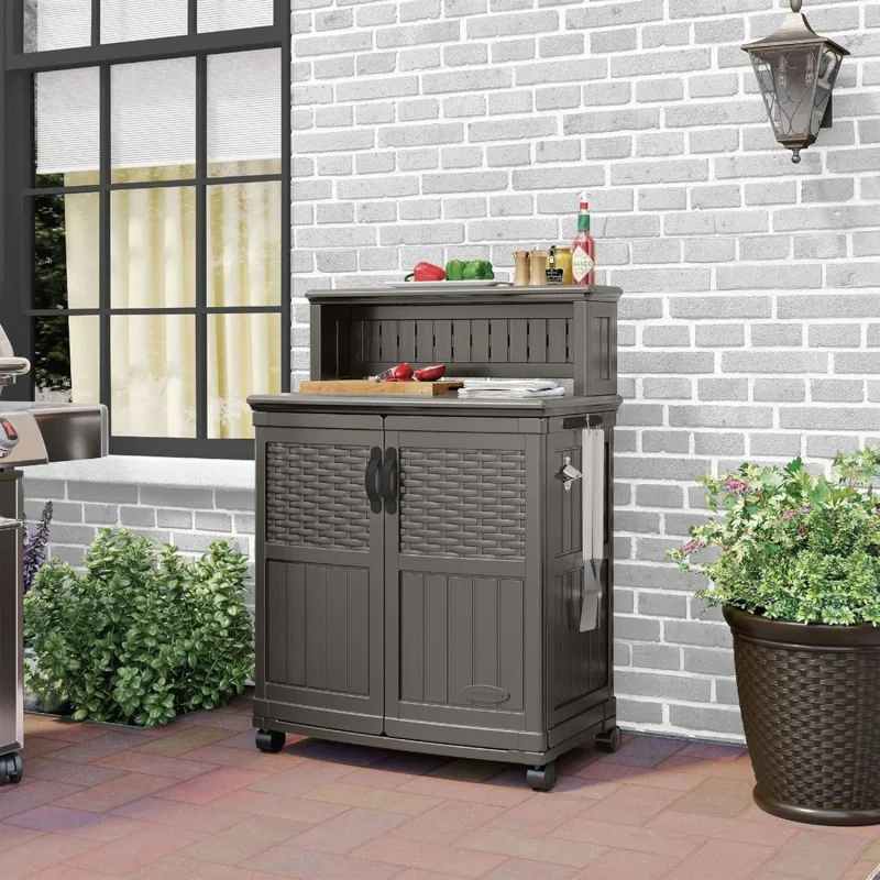 

Stoney Gray Patio Storage & Prep Station with Wicker Pattern, Multi-Panel Design Garden, Lawn, Outdoor Use