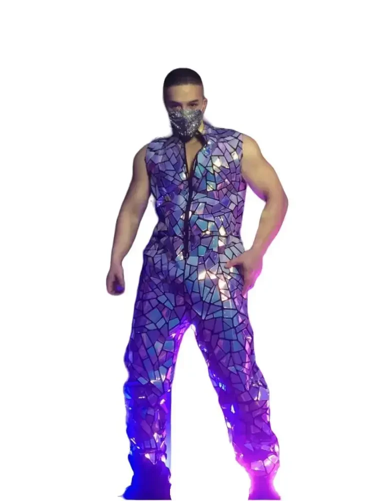 Odblaskowy kombinezon bez rękawów z laserowymi cekinami, lustrzane ogrodniczki, kostium sceniczny dla mężczyzn, piosenkarzy, do baru, klubu nocnego, hip hopu, rocka, tańca, dla zespołów.