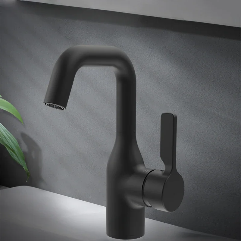 Deck Mounted Brass Single Handle Matte Black Bathroom Sink Tap Hot and Cold Water Vanity Basin Mixer Bathroom Faucet Tap