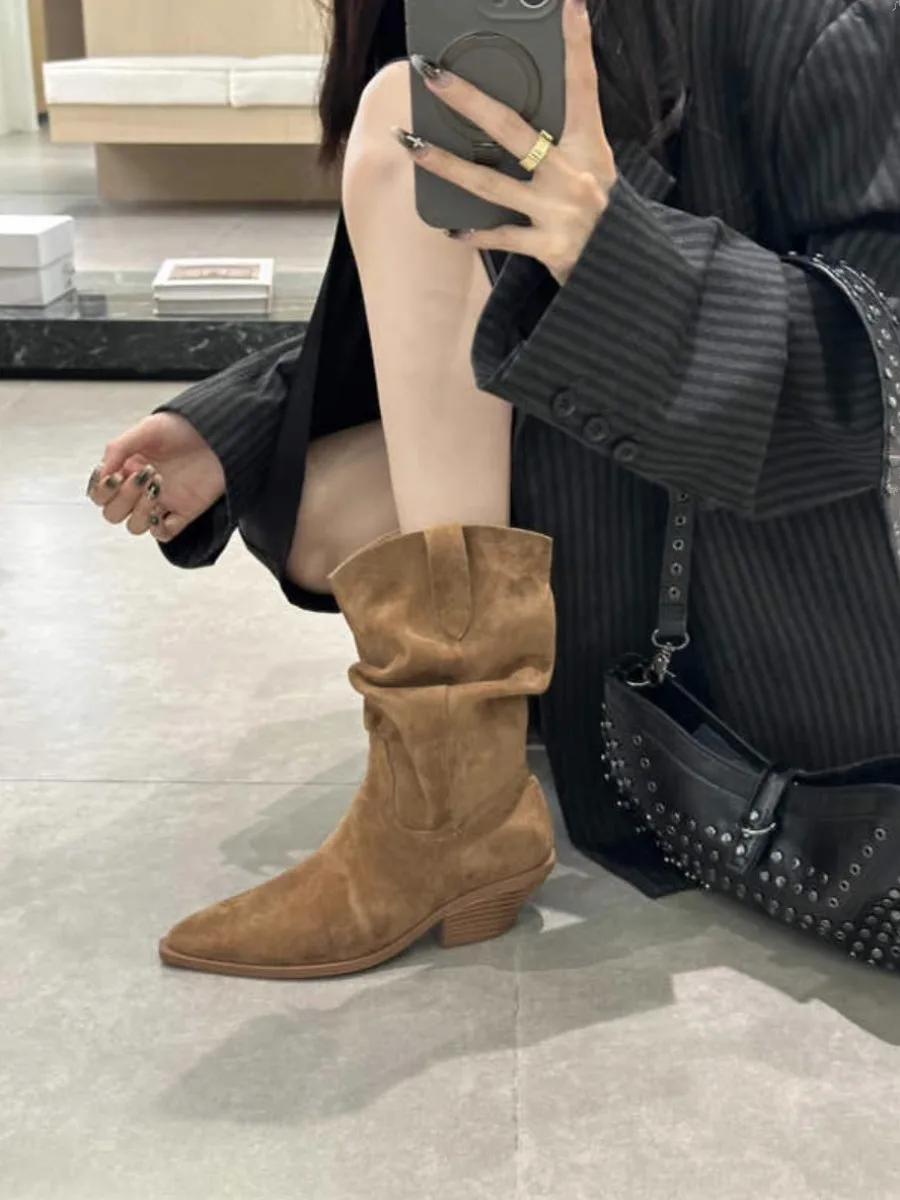 

Ботинки Faion ort в корейском стиле, с вельветовой поверхностью, заостренным носком, в стиле ковбойских сапог, средней длины, на меху, джинсовые