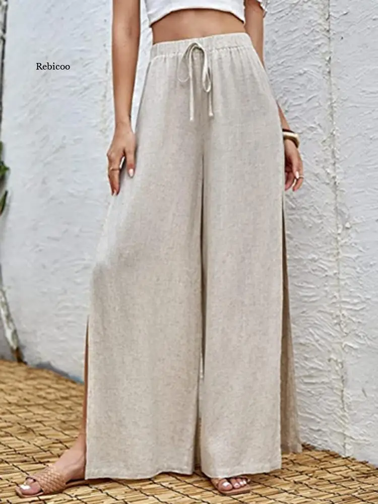 

Refreshing Summer Solid Wide Leg Pants 2022 Fashion New Long High Waist Pant Sexy Lady Split Lace-up Commute Long Pants Clothing