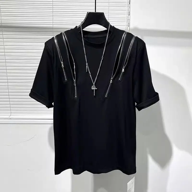 Summer Irregular Zipper Short Sleeve O Neck Men T Shirts Fashion Personality Popular 2xl Oversized Work Clothes Tops Black White