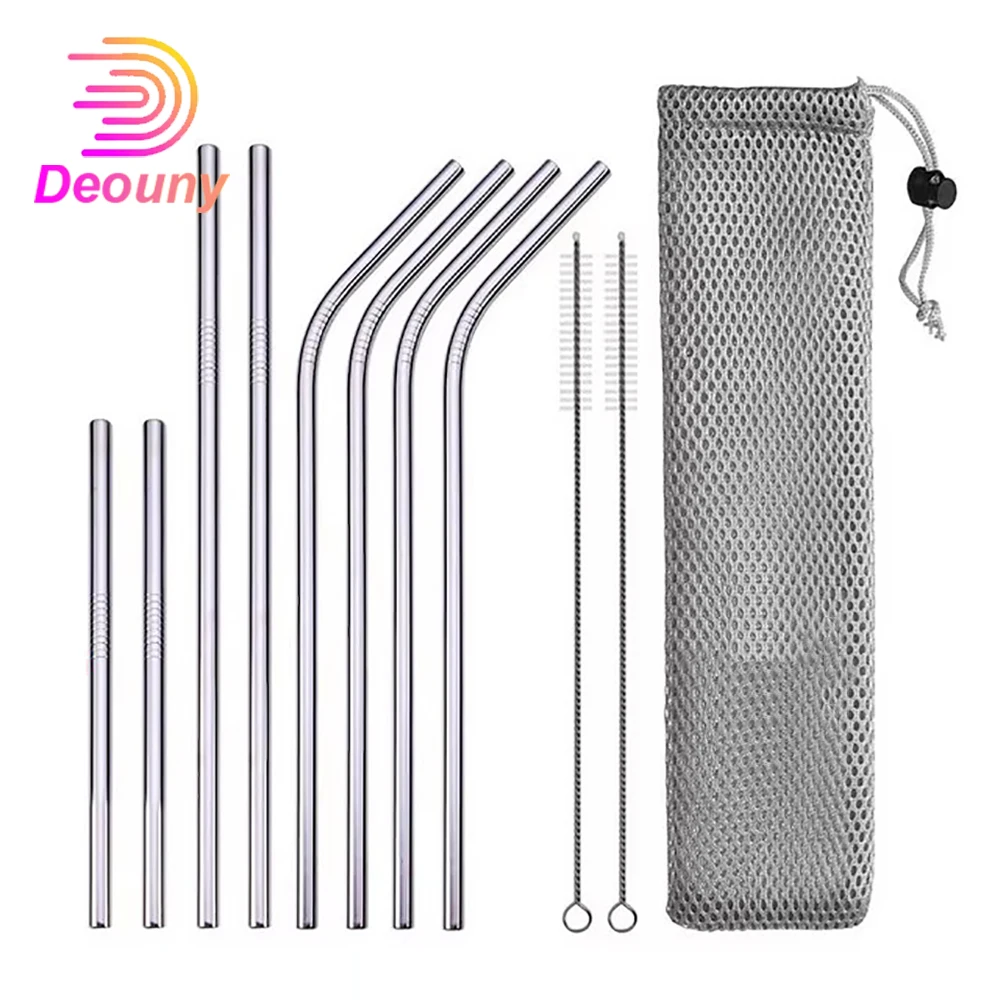 

DEOUNY Reusable Drinking Straws 304 Stainless Steel Metal Straw with Cleaner Brush and Pouch Cocktail Bar Accessories Wholesale