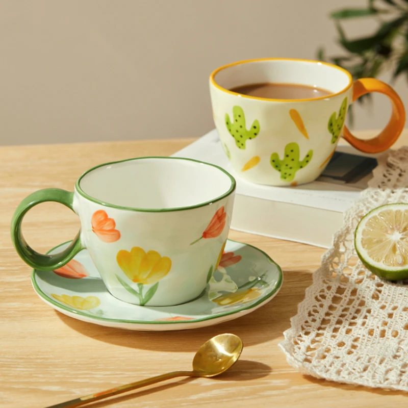 

European-style Creative Hand-painted Ceramic Cups, Durable Juice Cups for Household Use, Heat-resistant Coffee Cups and Saucers