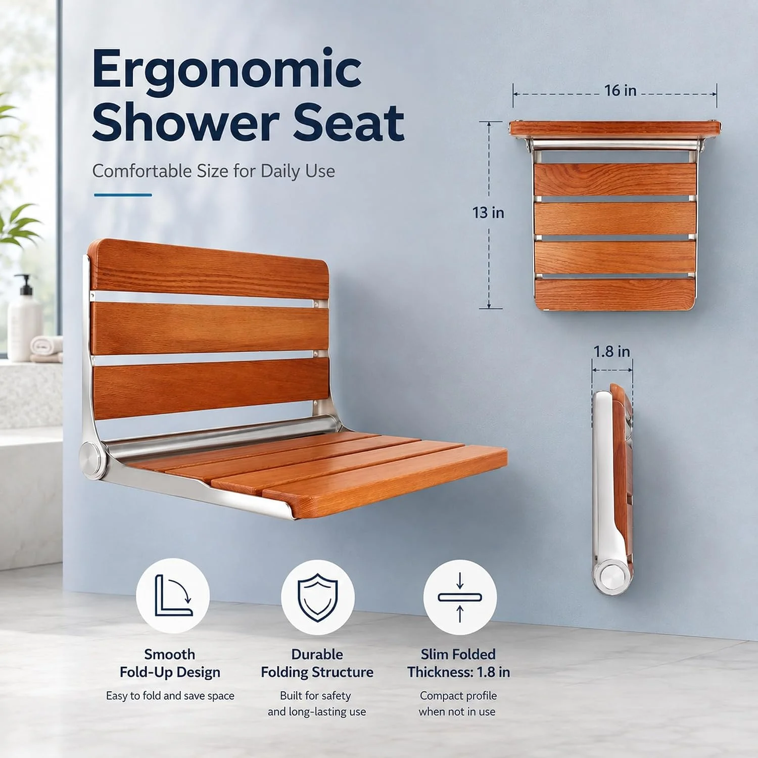 Folding Shower Seat Wall Mounted,400lbs Weight Capacity, Bath Safety Seat for Elderly,Bath Safety Furniture Stainless Steel for Small Shower Spaces