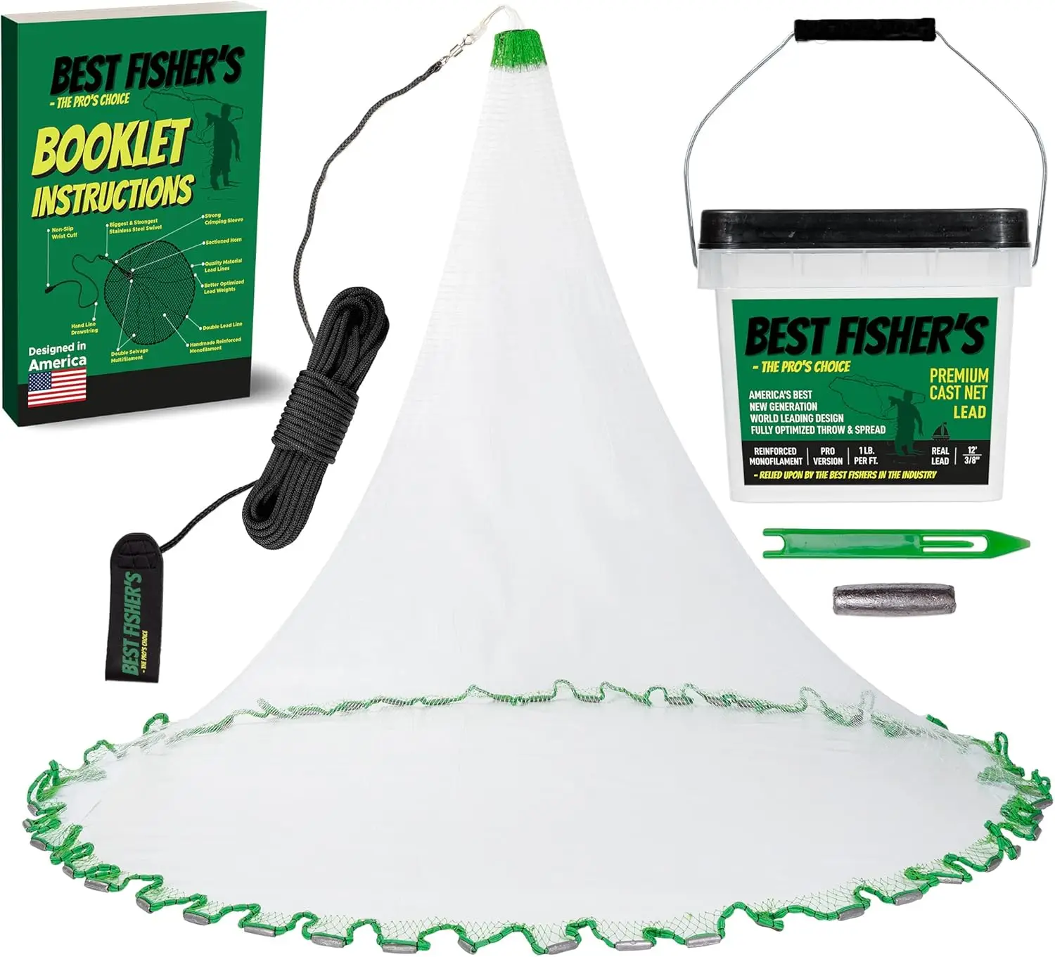 

Литые сети премиум-класса для рыбалки — размеры от 4 до 12 футов, сетка 3/8 дюйма с свинцовым весом, включает электронную книгу и универсальную коробку.