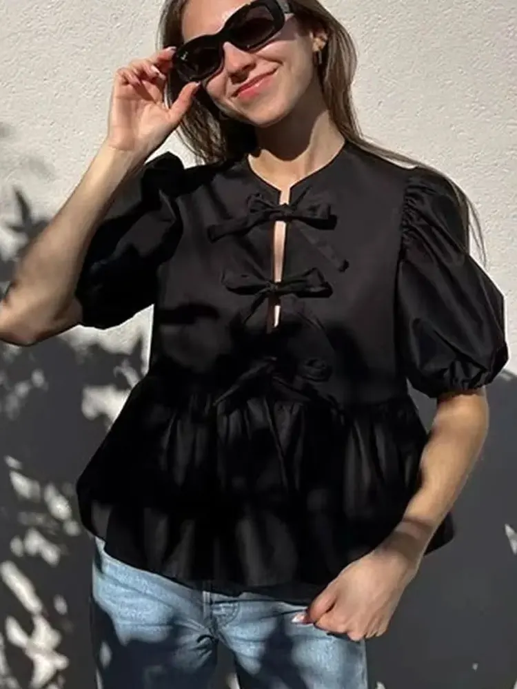 HH 2024 Summer Trendy Causal Solid Color Shirts Round Neck Short Puff Sleeves Hollow Out Lace Up Elegant Tops Chic Blouse