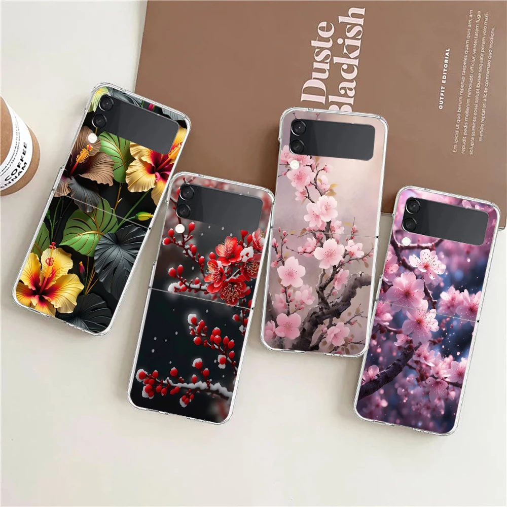 Plum Blossom Hard PC Phone Case For Samsung Galaxy Z Flip 5 4 3 Transparent Cover For Galaxy Z Flip 6 Foldable Shockproof Cases