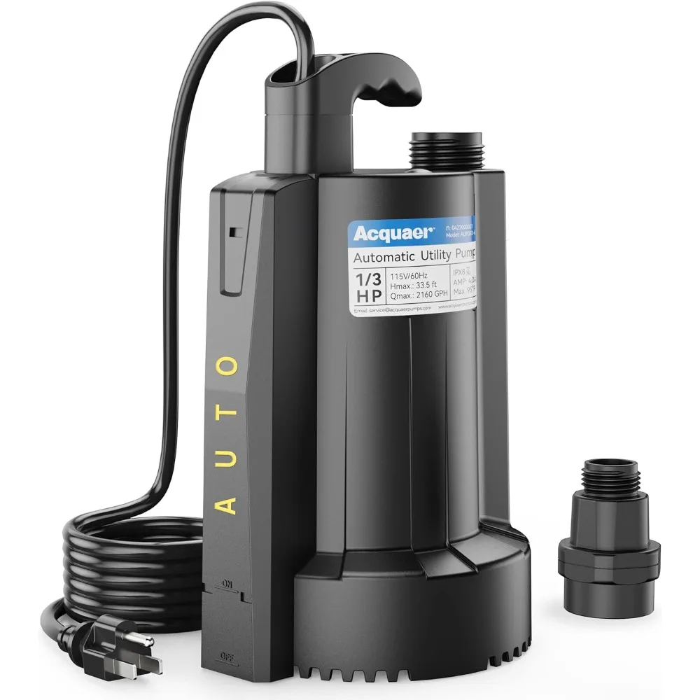 1/3 HP Automatic Submersible Water Sump Pump, 115V with 3/4” Garden Hose Check Valve Adapter