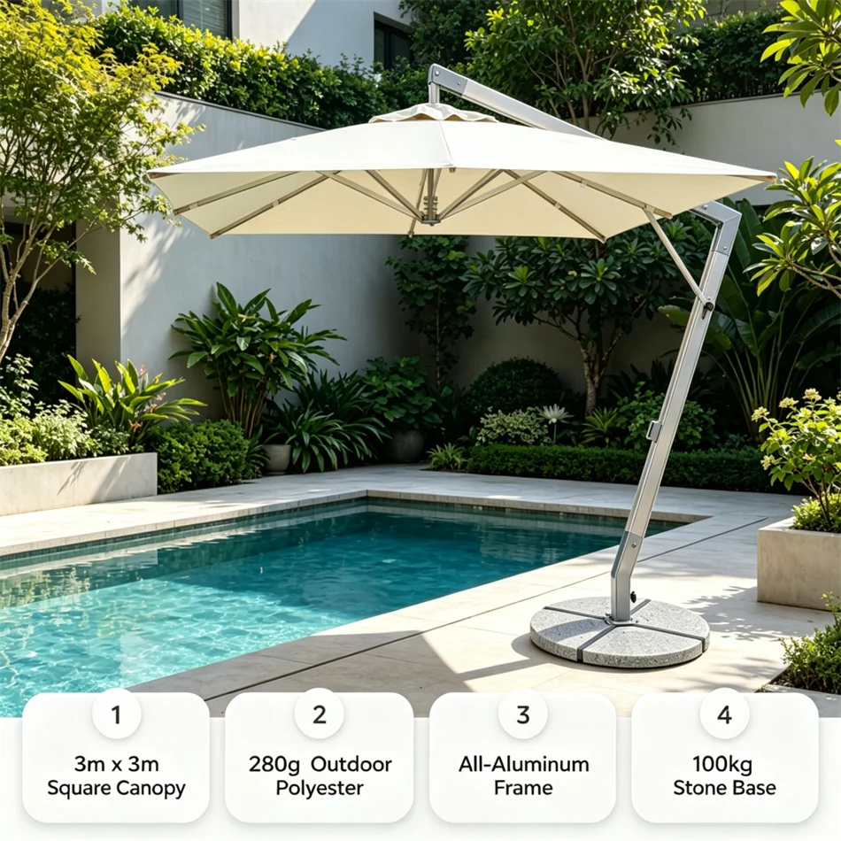 Cantilever Offset Patio Umbrella  Square Waterproof Aluminum Frame Hand Crank 100kg Base Garden Poolside