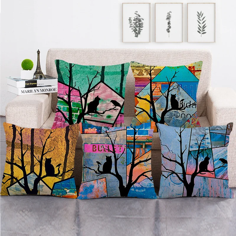 Super Hot Cat on Trees Linen Cushion Cover Multicolors Patchwork Modern Abstract Oil Painting Decorative Pillows Case Sofa Chair