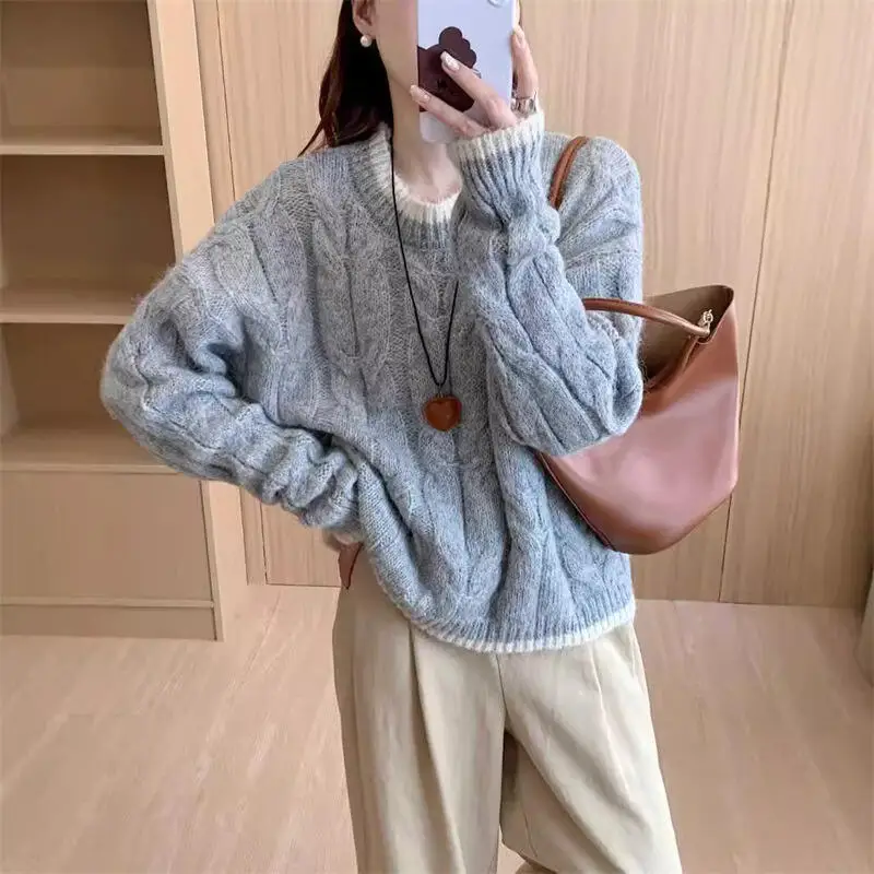 

Женский пуловер в стиле ретро, трикотаж, свитер, кардиган с круглым вырезом для девочек, свободные топы в ленивом стиле, пальто в консервативном стиле, осень-зима