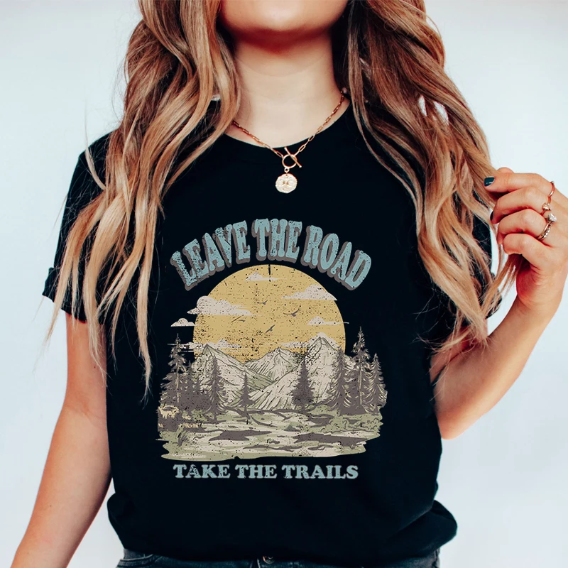 Leave The Road Take The Trails T-shirt Women Mountain Adventure Vintage Graphic Tee Adventure Awaits Outdoor Classic T-shirts