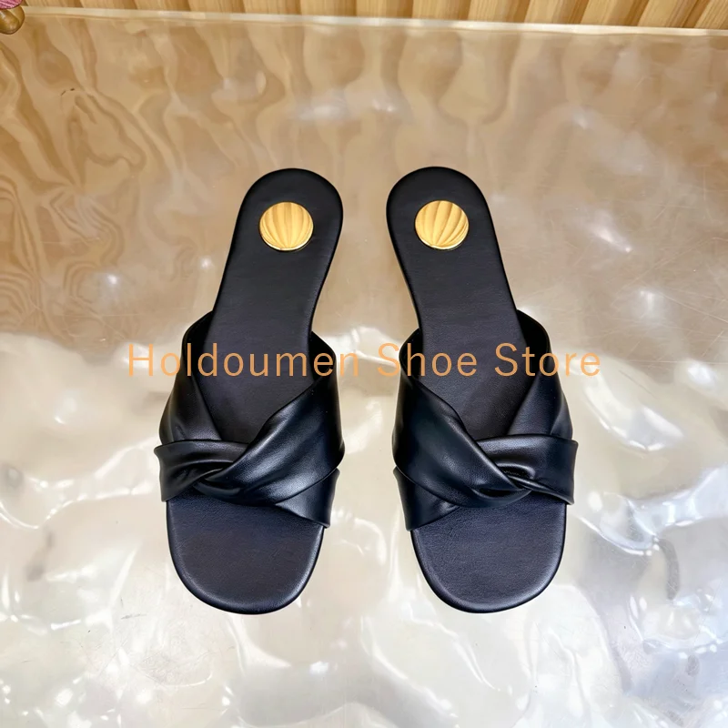 

Summer New Light Luxury Twisted Strap Slide Sandals Elegant Soft Leather Peep Toe Leisure Slippers Reddish Brown Caramel Black