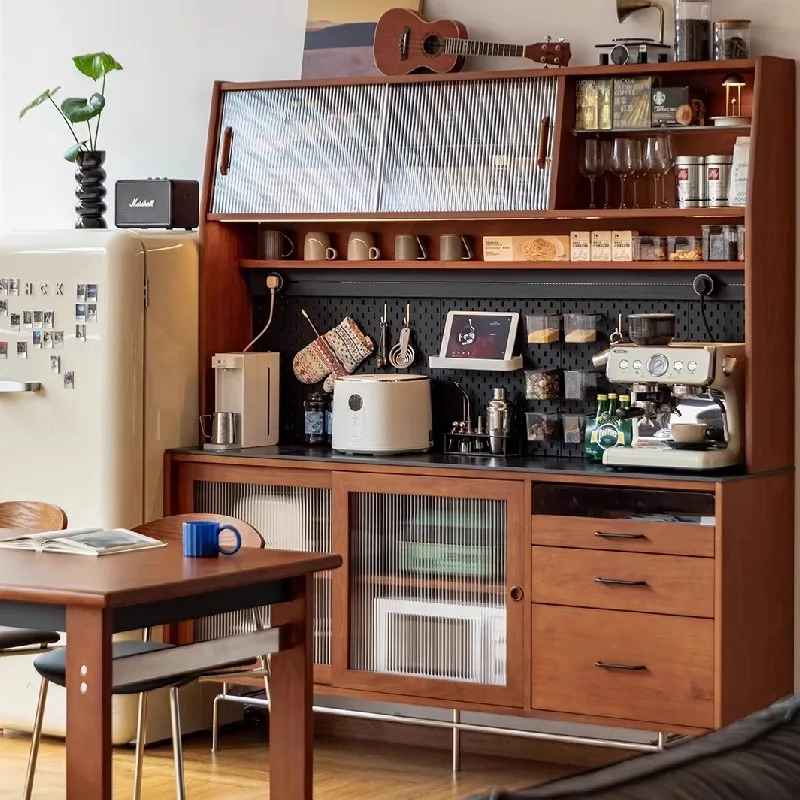 

Retro solid wood dining siderock slab coffee t, integrated high cabinet against the wall, medieval wine ,