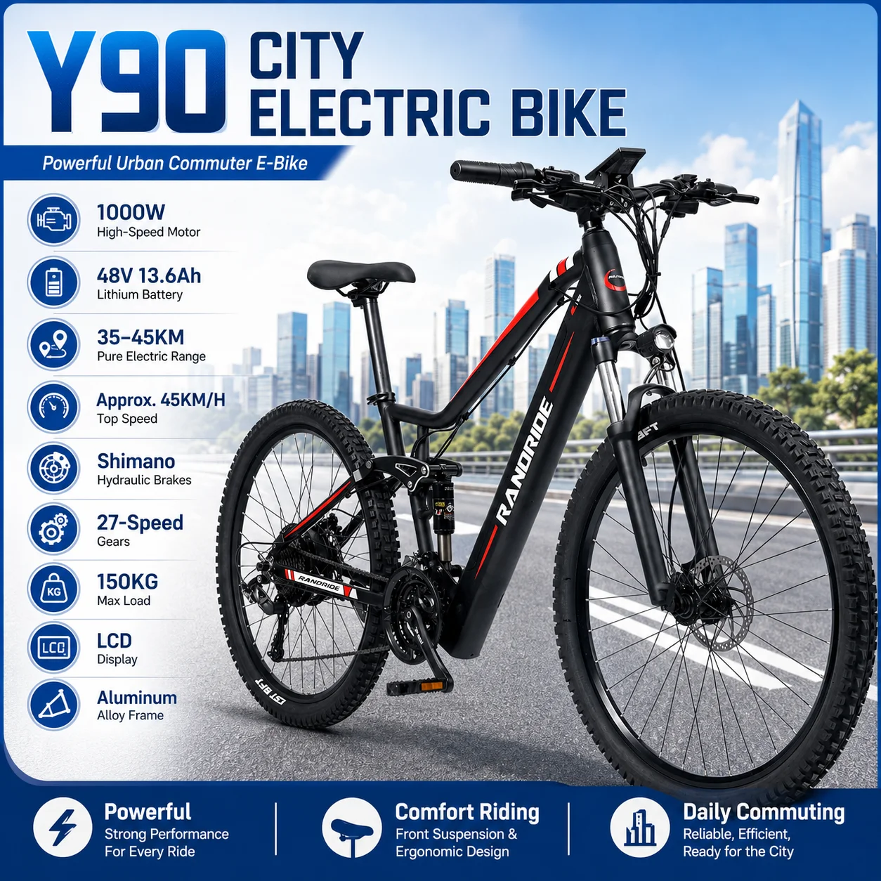 Y90 Aluminum Alloy Electric Commuter Bike 1000W Motor 48V 13.6Ah Lithium Battery 27-Speed Gears and Approx. 45KM/H Speed