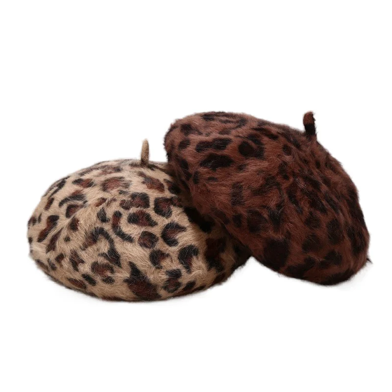 Fashion rabbit fur beret printed leopard print painter hat warm bud hat