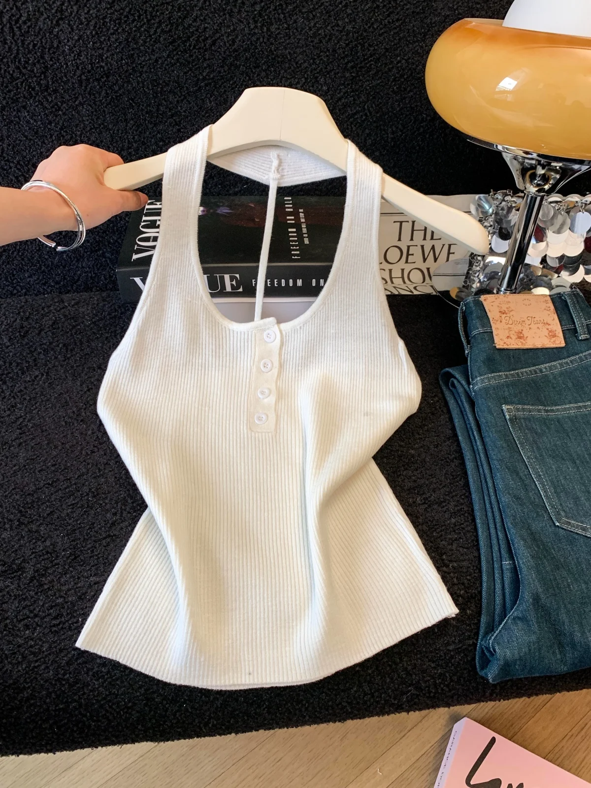 

White Knitted Halter Neck Vest Women's Summer Slim Fit Half Open Collar Button Short Backless Sleeveless Top