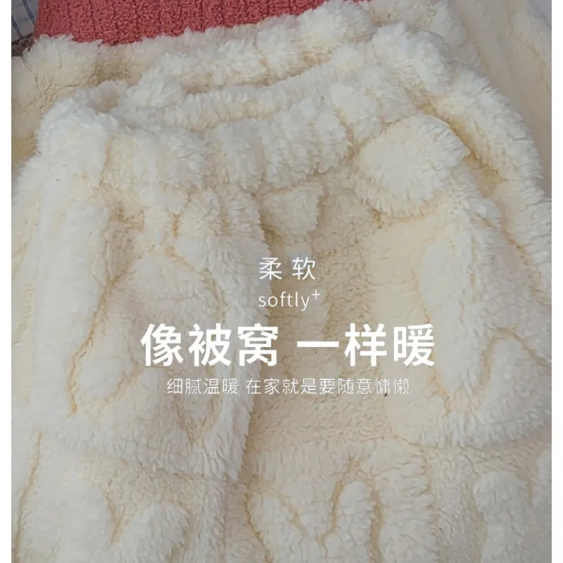 Large Size Coral Fleece Pajamas Winter Women Soft Fleece Thickened Cute Cartoon Loose Plus Fat Mm Loungewear Set Home Outerwear