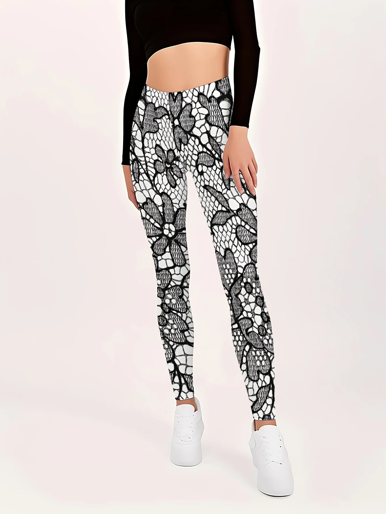 Women Mid‑Waist Fleece Lined Leggings, Black White Imitation Lace Floral Print, Slim Warm Street Party Casual Daily Pants