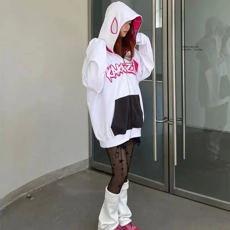 Y2K Hip Hop Hoodie Harajuku Spider Web Print Full Zipper Sweatshirt Oversize Punk Pocket Loose Jacket Coat Streetwear