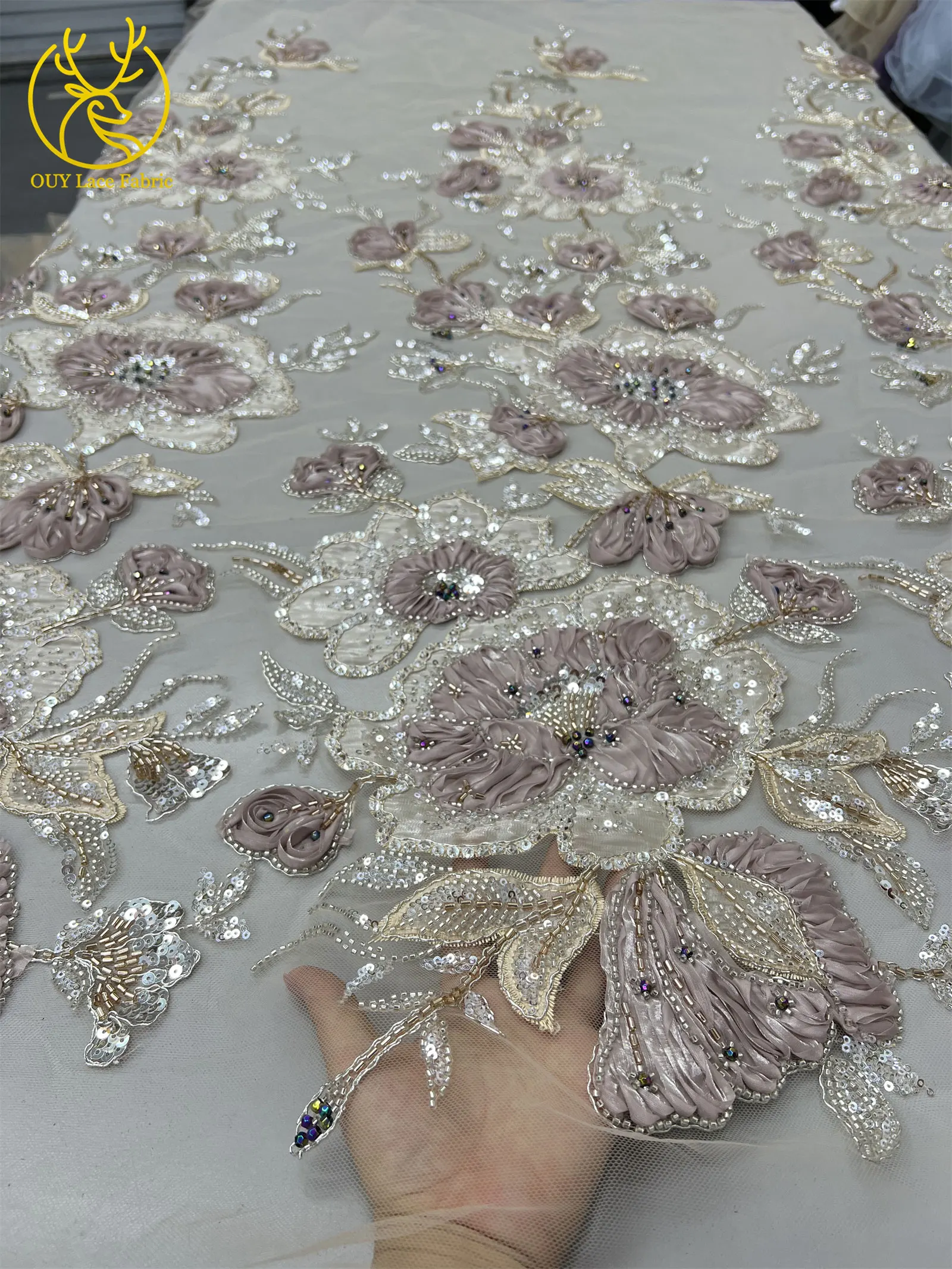 Neuer Stil Afrikanischer 3D-Stickerei-Blumen-Spitzenstoff 2026 Nigerianischer Französischer Perlen-Pailletten-Tüll-Spitzenstoff für Kleidung und Näharbeiten – Detail 5