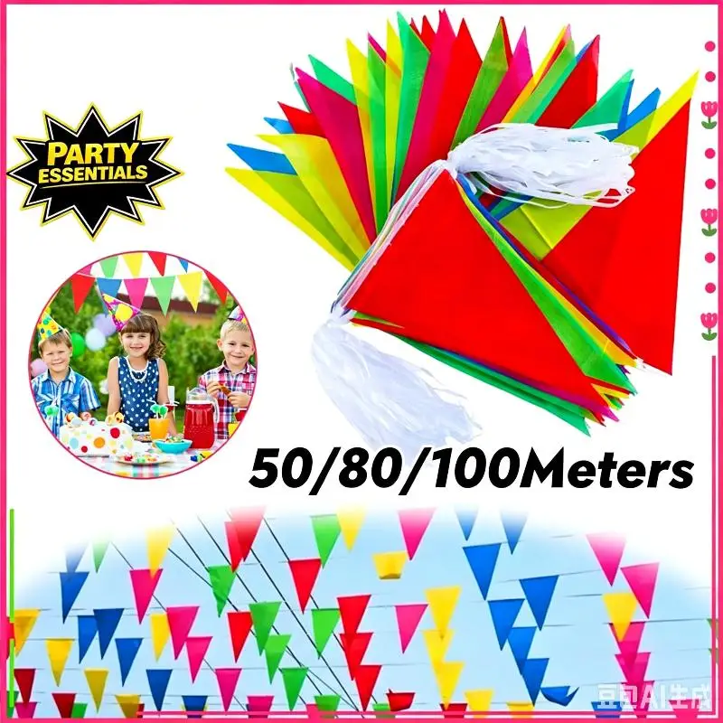 New 150 Sides 100M/80M 100 Sides 50M Triangle Flag Festival Flag Colorful Party Outdoor Decoration Triangular String Flags