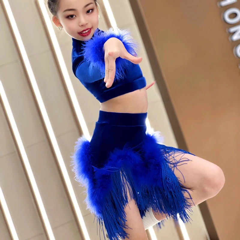 카우보이 삼바 룸바 댄스 투피스 세트 소녀용 무도회 댄스 대회 드레스 플러시 긴 소매 고급 라틴 댄스 드레스