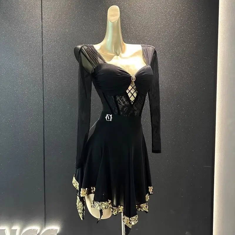 

2026 Women Latin Dance Dress Set Performance Black Sexy Lace Mesh Top Split Suit Chacha Rumba Adult Latin Dance Practice Clothes