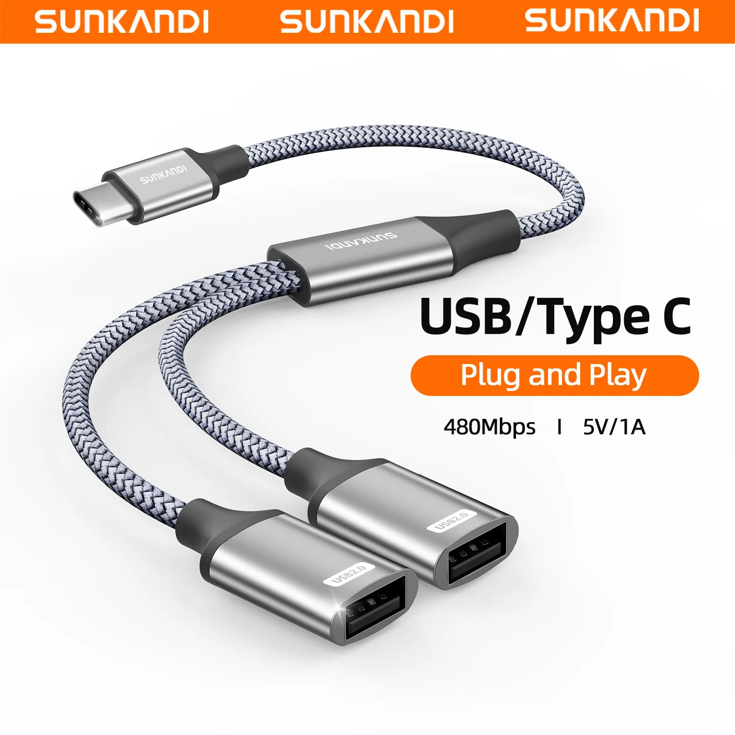 SUNKANDI USB Male to 2 Dual USB Female Jack Y Splitter Hub Power Cord Extension Adapter Cable for PC, Laptop, MacBook