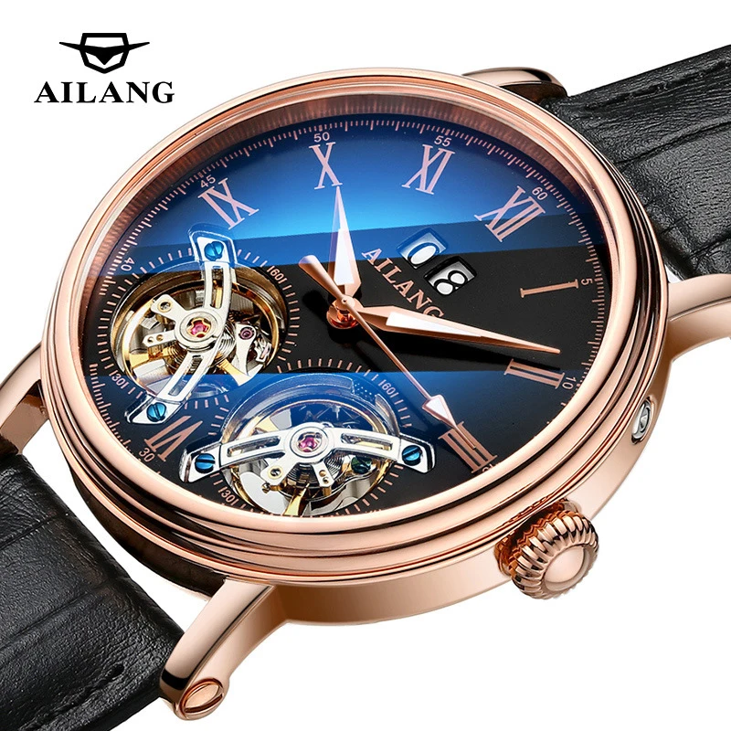 

AILANG Luxury Double Tourbillon Mechanical Watches Mens Rose Gold Case Leather Waterproof Luminous Fashion Automatic Watch