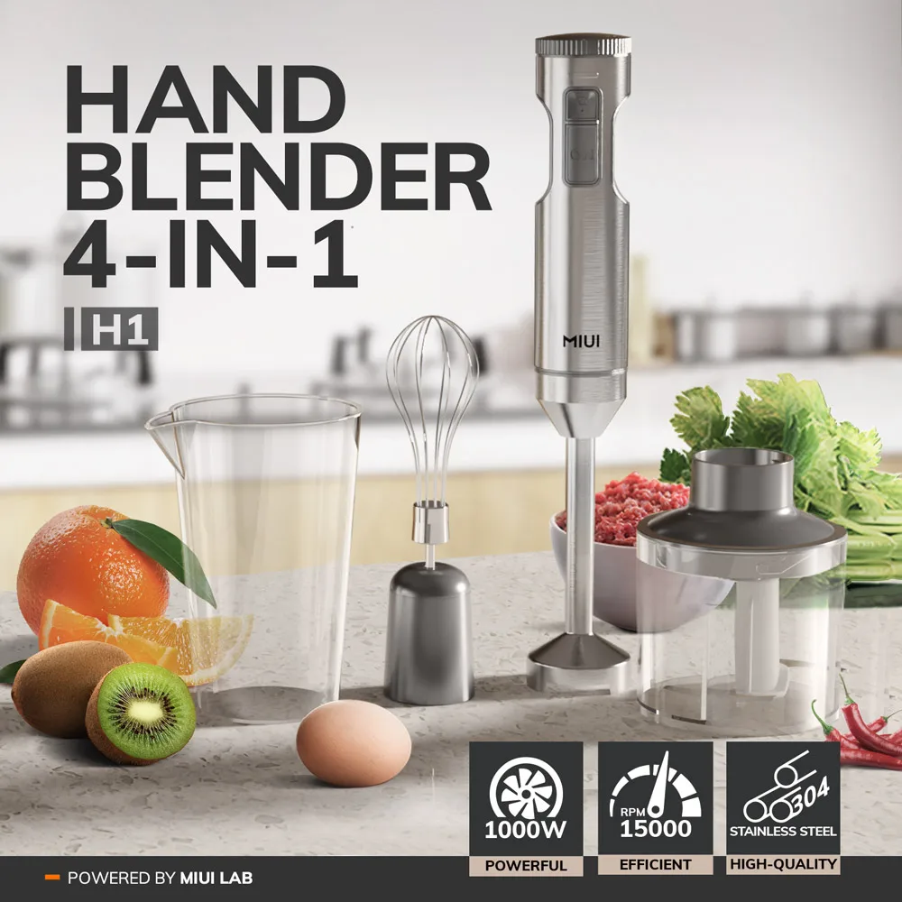 MIUI Hand Immersion Blender 1000W Powerful 4-in-1 Stainless Steel Stick Food Mixer 700ml Mixing Beaker 500ml Processor Whisk