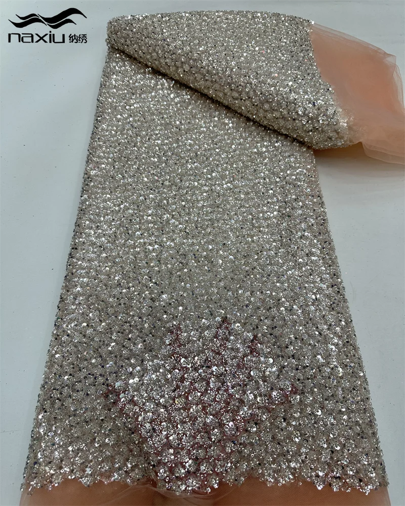 Madison African Beaded Lace Net Fabric 5 Yards 2024 High Quality Nigerian Wedding Material Luxury Sequin Beads Fabric for Sewing