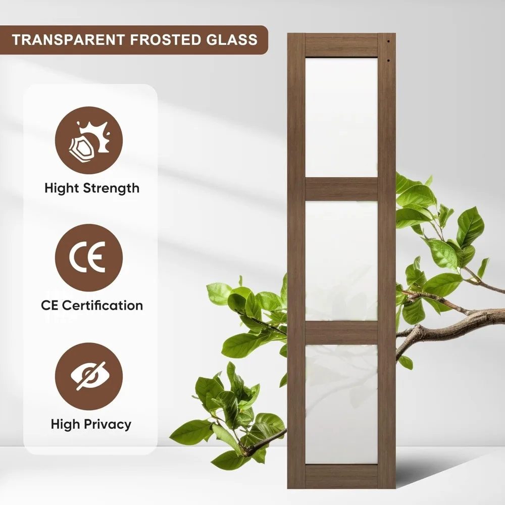 Double Fold Glass Barn Door, Double Fold Glass Sliding Barn Door Kit Including Hardware, 3 Panel Glass Barn Door Panel, Brown