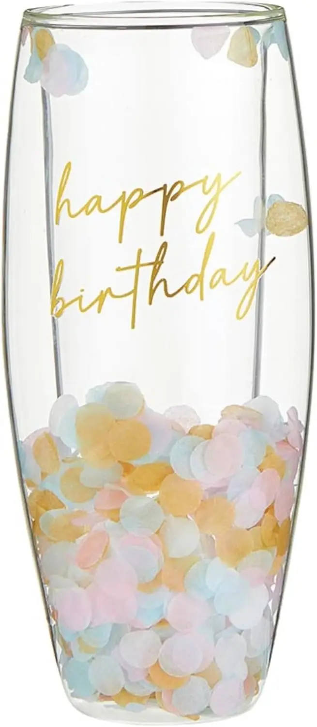 

Colorful Confetti Birthday Double Wall Glass Stemless Champagne Glass, 8-Ounces, Happy Birthday