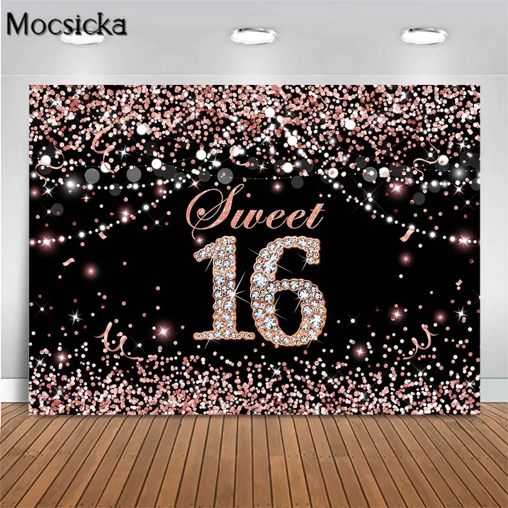 

Mocsicka Sweet 16 Birthday Backdrop Rose Gold Dots Glitter Girl Sixteen Birthday Party Photo Background Studio Photoshoot Banner