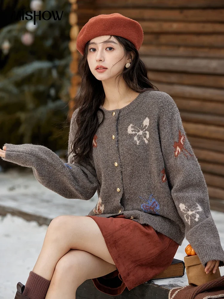 MISHOW Grey Butterfly Short Knitted Cardigan Women Single-breasted Design Yarn Fabric Plush Sweater Soft Warm Tops MXD57Z1009