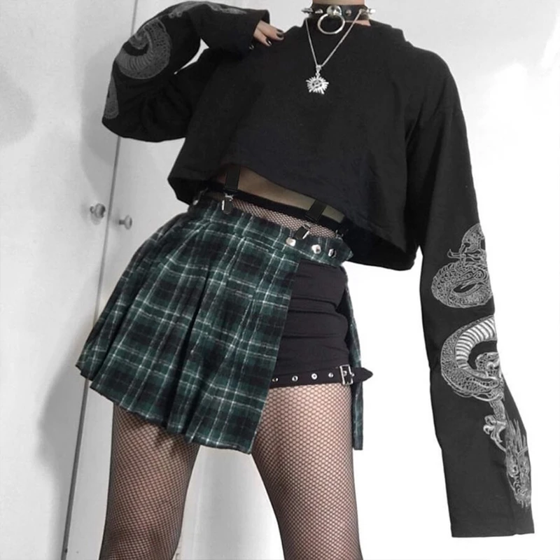 Women Dark Goth Long Sleeve Sweatshirt Harajuku Vintage Dragon Print Crop Top